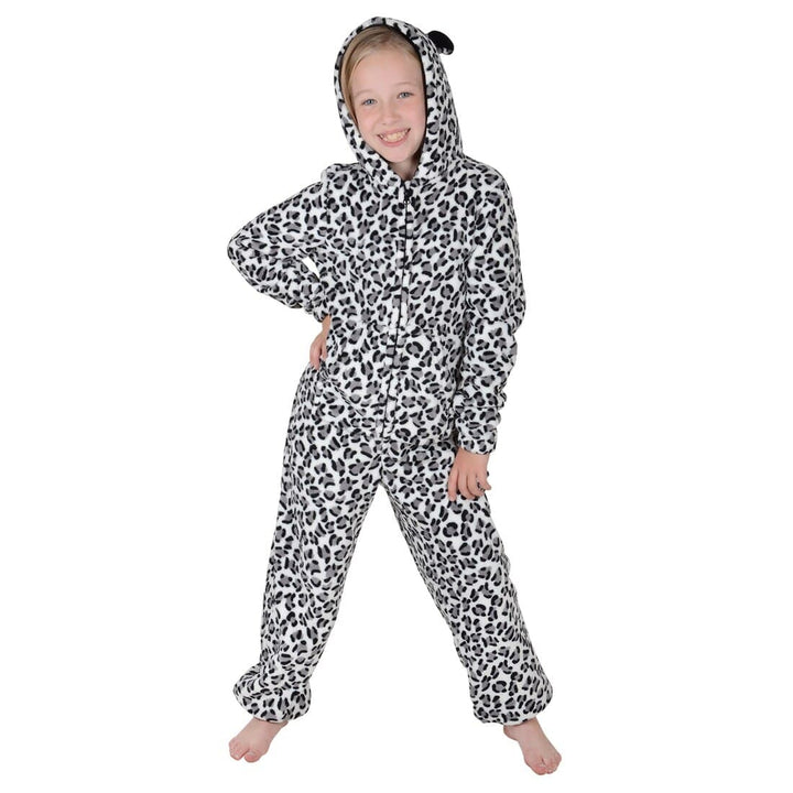 Girls Leopard Print Hooded Fleece All In One Pyjamas PJs Snow Leopard / 4-5 Years