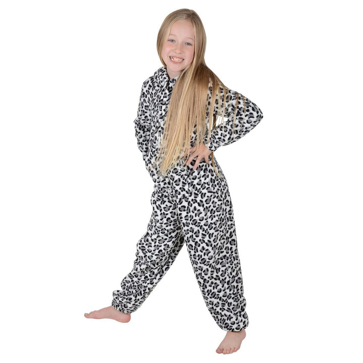 Girls Leopard Print Hooded Fleece All In One Pyjamas PJs