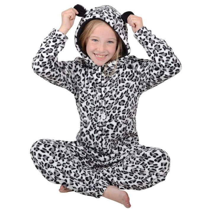Girls Leopard Print Hooded Fleece All In One Pyjamas PJs