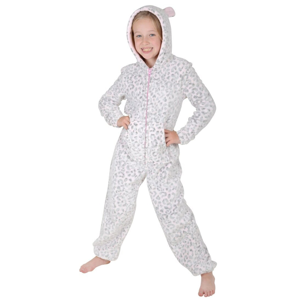 Girls Fleece Hooded All In One Pyjamas Embossed Leopard Print