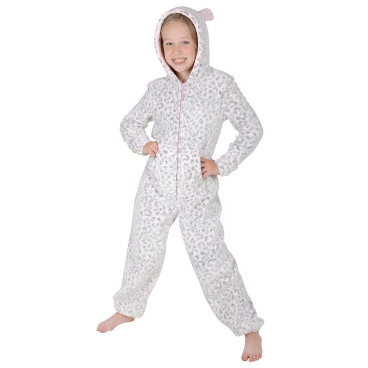Girls Fleece Hooded All In One Pyjamas Embossed Leopard Print