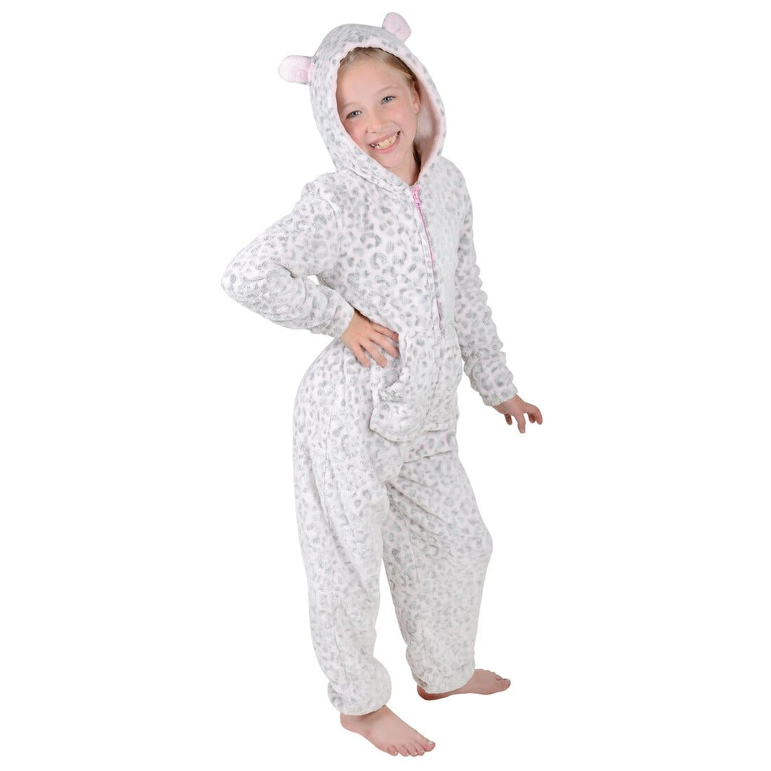 Girls Fleece Hooded All In One Pyjamas Embossed Leopard Print 4-5 Years