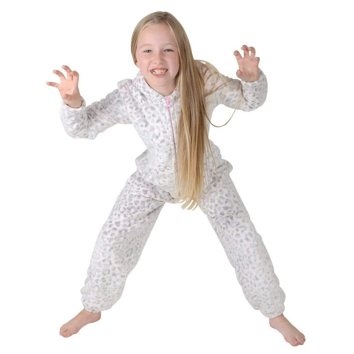 Girls Fleece Hooded All In One Pyjamas Embossed Leopard Print