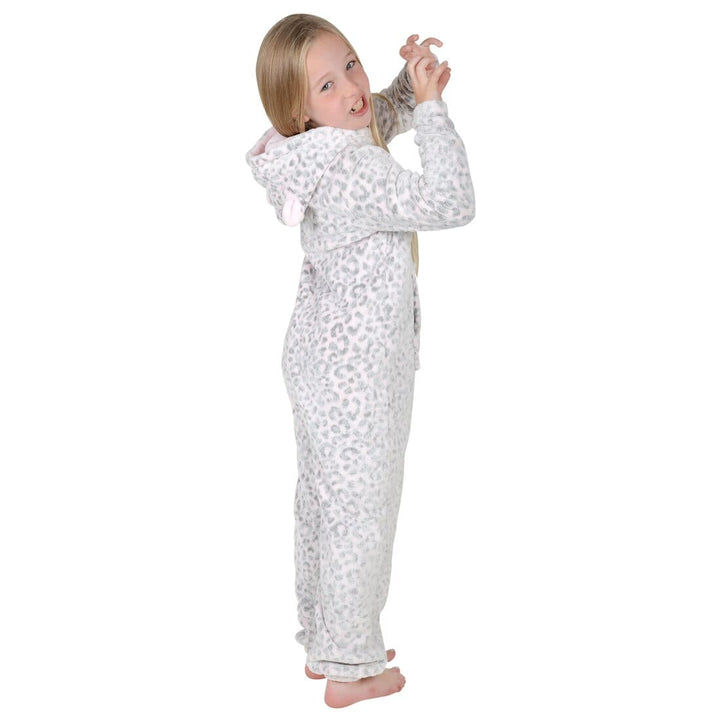 Girls Fleece Hooded All In One Pyjamas Embossed Leopard Print