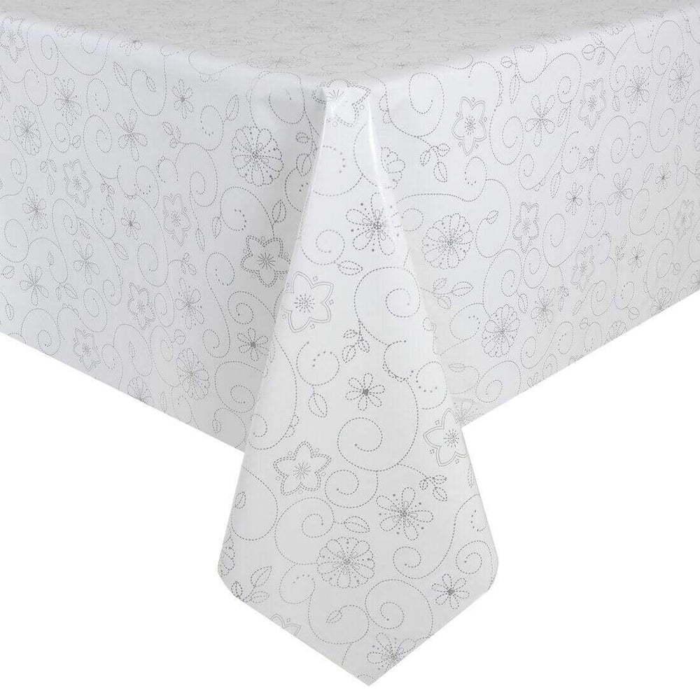 Floral Designs Large Tablecloth Wipe Clean PVC Vinyl Table Cover White with Silver Flowers