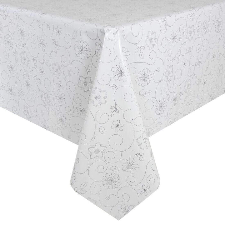 Floral Designs Large Tablecloth Wipe Clean PVC Vinyl Table Cover White with Silver Flowers