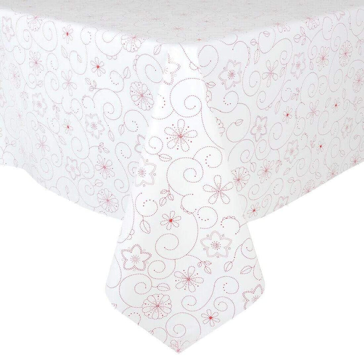 Floral Designs Large Tablecloth Wipe Clean PVC Vinyl Table Cover White with Red Flowers