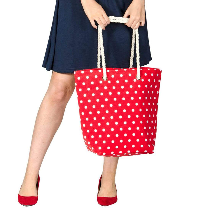 Womens Polka Dot Canvas Beach Shoulder Bag Shopping Tote