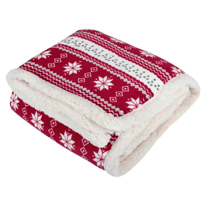 Luxury Double Layer Snowflake Sherpa Lined Fleece Blanket Sofa Bed Throw Red / 130x160cm