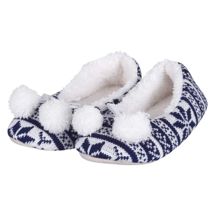 Womens Fair Isle Knit Ballet Slippers Pom Poms Fleece Navy / 3-4