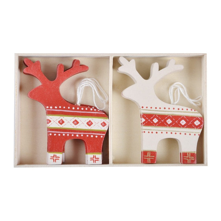 Set Of 6 Wooden Reindeer Christmas Tree Decorations Boxed