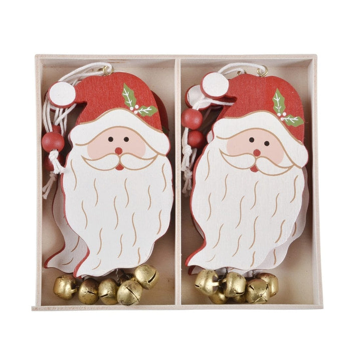 Set Of 6 Santa Face Xmas Tree Decorations Wooden Boxed