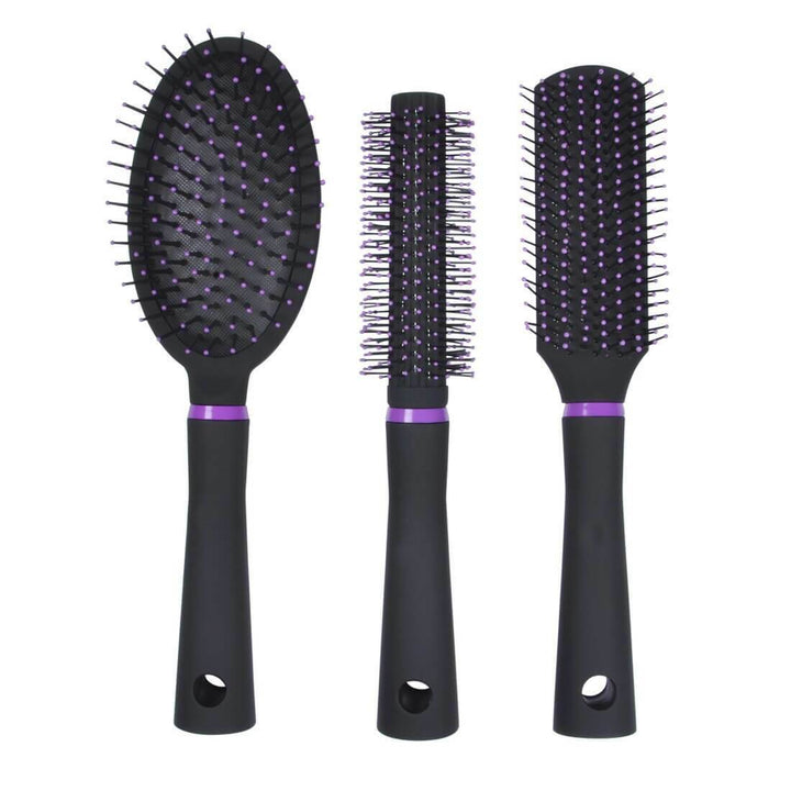 3 Piece Hair Brush Styling Set Transparent Bag Purple/Black