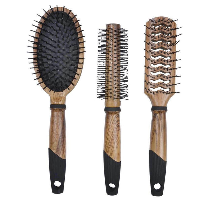 3 Piece Hair Brush Styling Set Transparent Bag Woodgrain