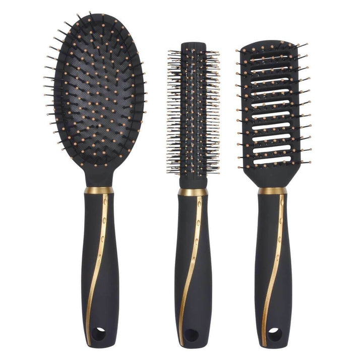 3 Piece Hair Brush Styling Set Transparent Bag Gold/black
