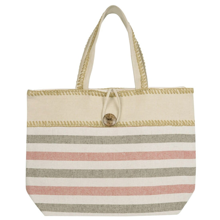 Womens Narrow Stripes Canvas Beach Shopping Shoulder Bag Pink/Brown