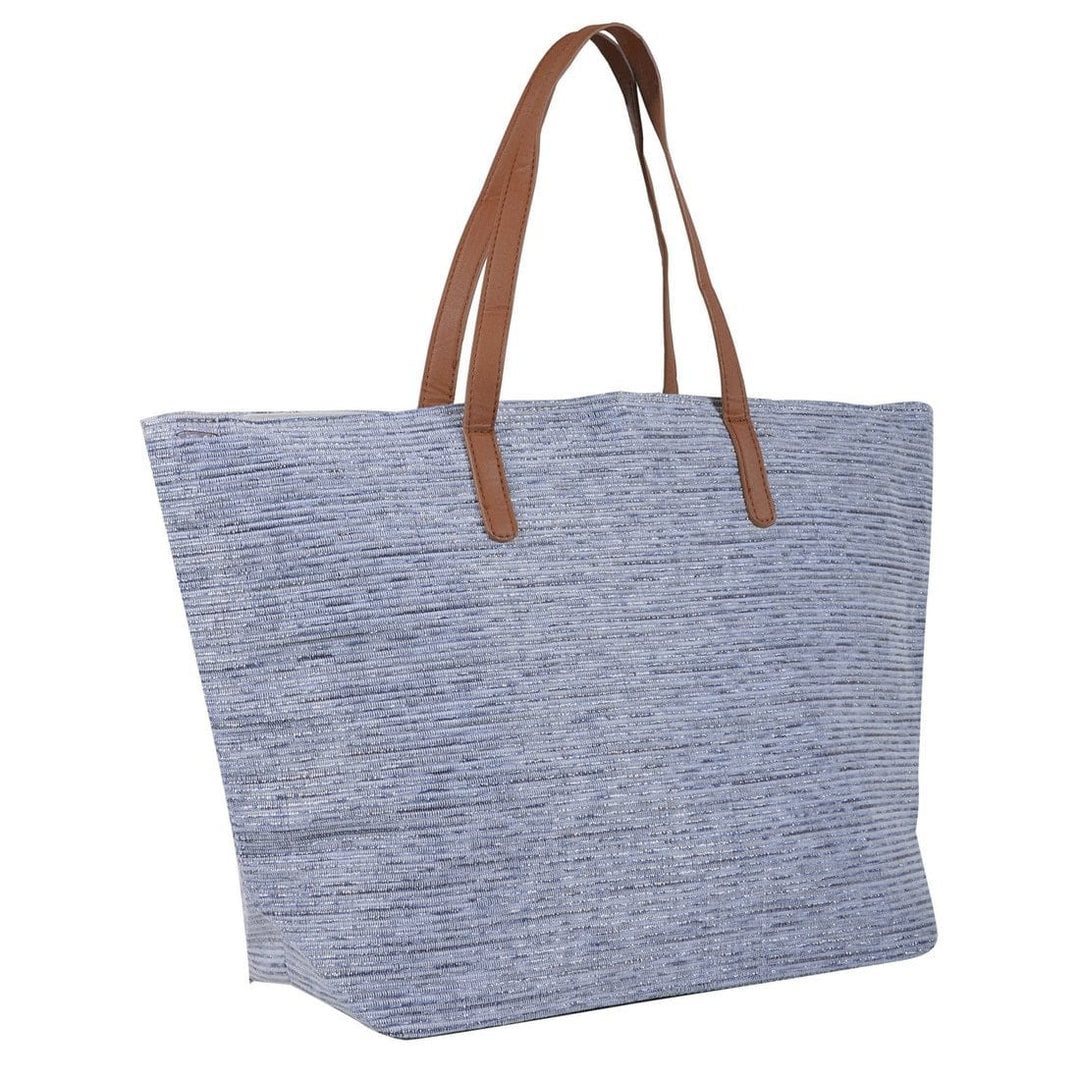 Womens Blue Sparkle Beach Bag Shopping Tote Brown Handles