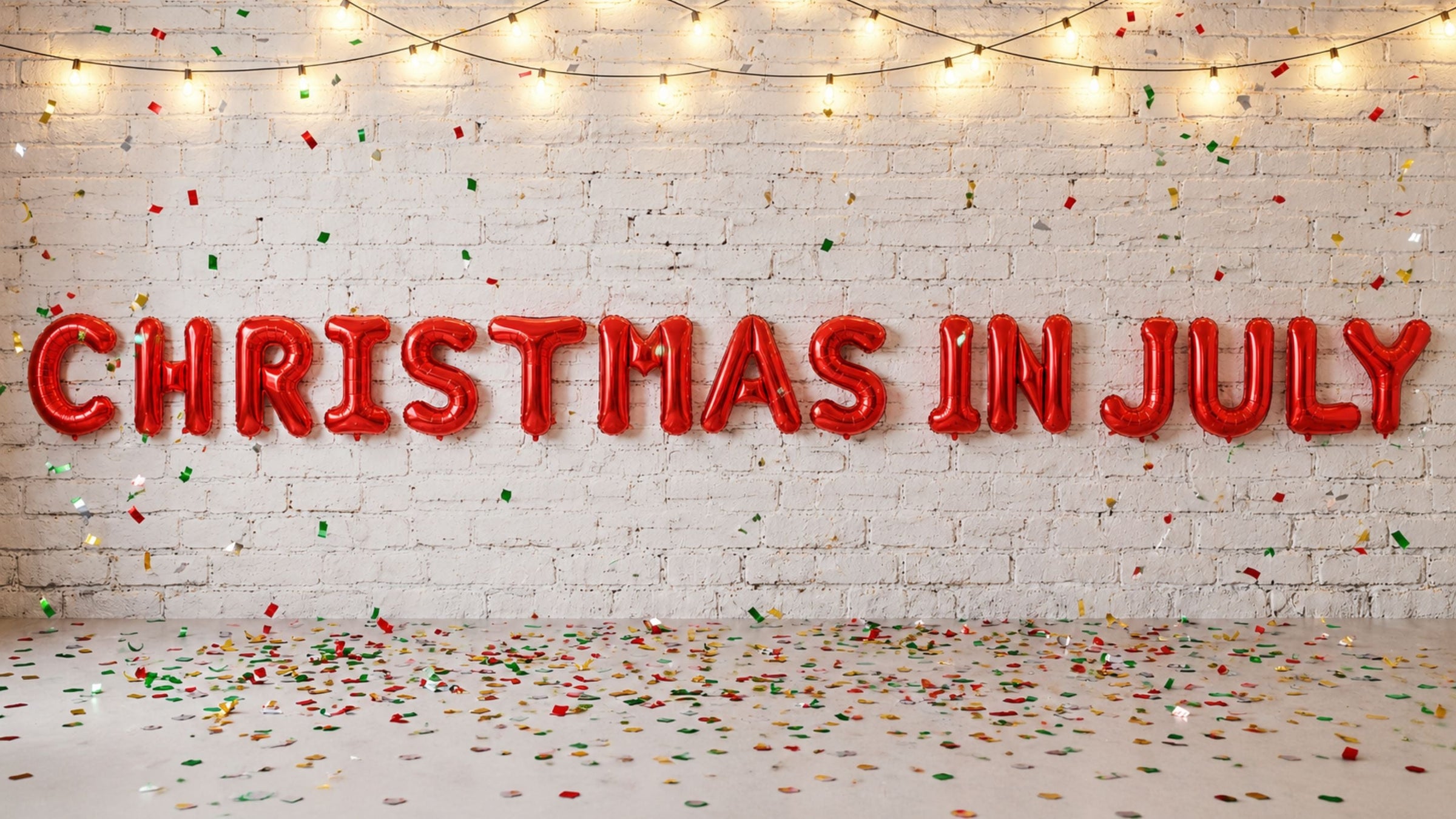 red foil balloons reading out 'Christmas in July' on white brick wall with gold and red confetti