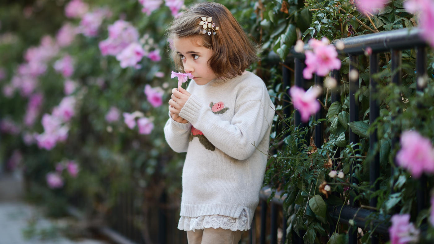 little girl wearing a cosy knit jumper smelling a pink tulip flower