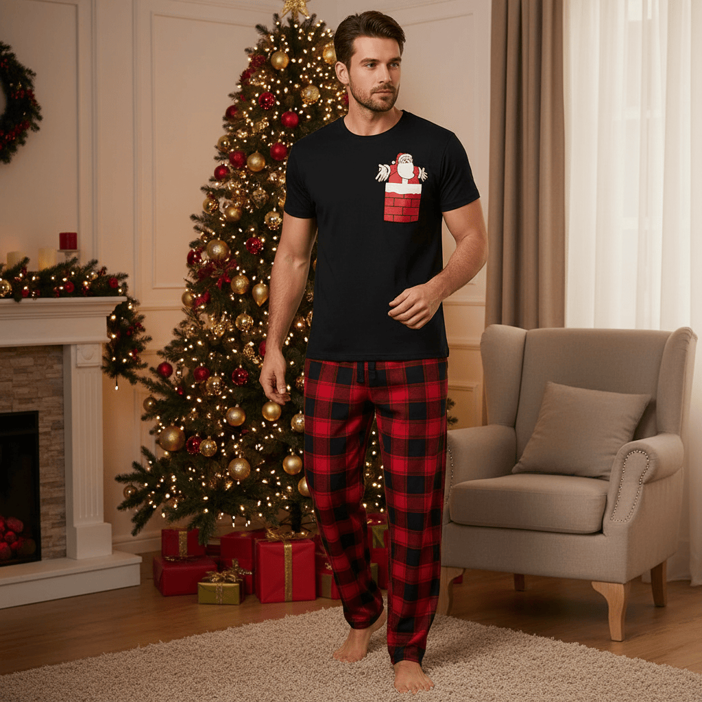 Man wearing a black t-shirt with a Santa Claus design and red plaid pajama pants standing in a living room decorated for Christmas.