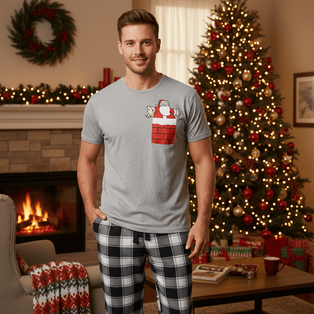 Man wearing a festive t-shirt and plaid pants in a decorated living room with a Christmas tree and fireplace.