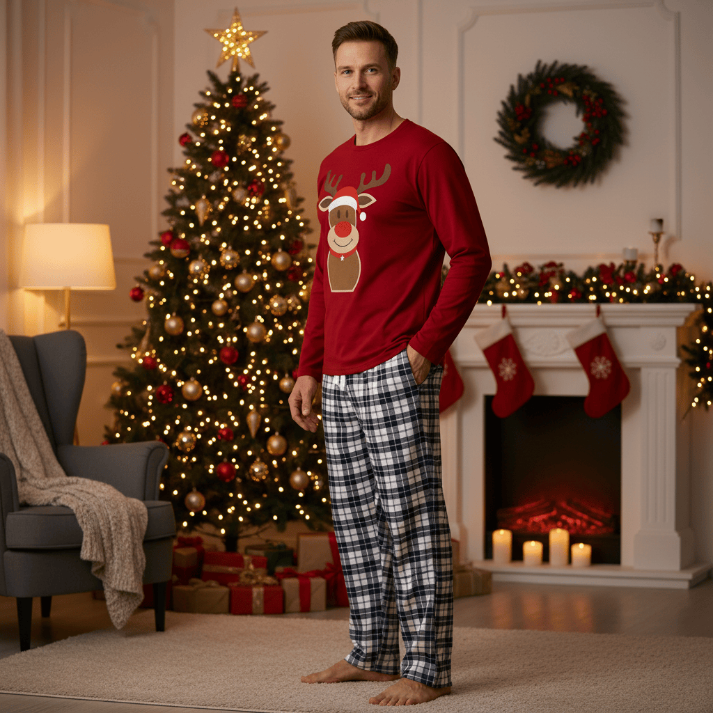 Mens Christmas Pyjama Set Rudolph Print/Check Bottoms