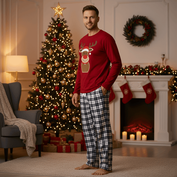 Mens Christmas Pyjama Set Rudolph Print/Check Bottoms