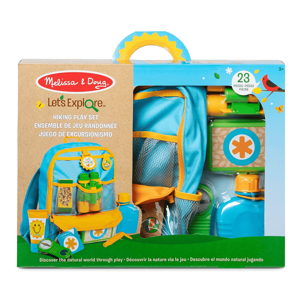 melissa & Doug let's explore hiking play set in cardboard packaging with 23 pieces in total included