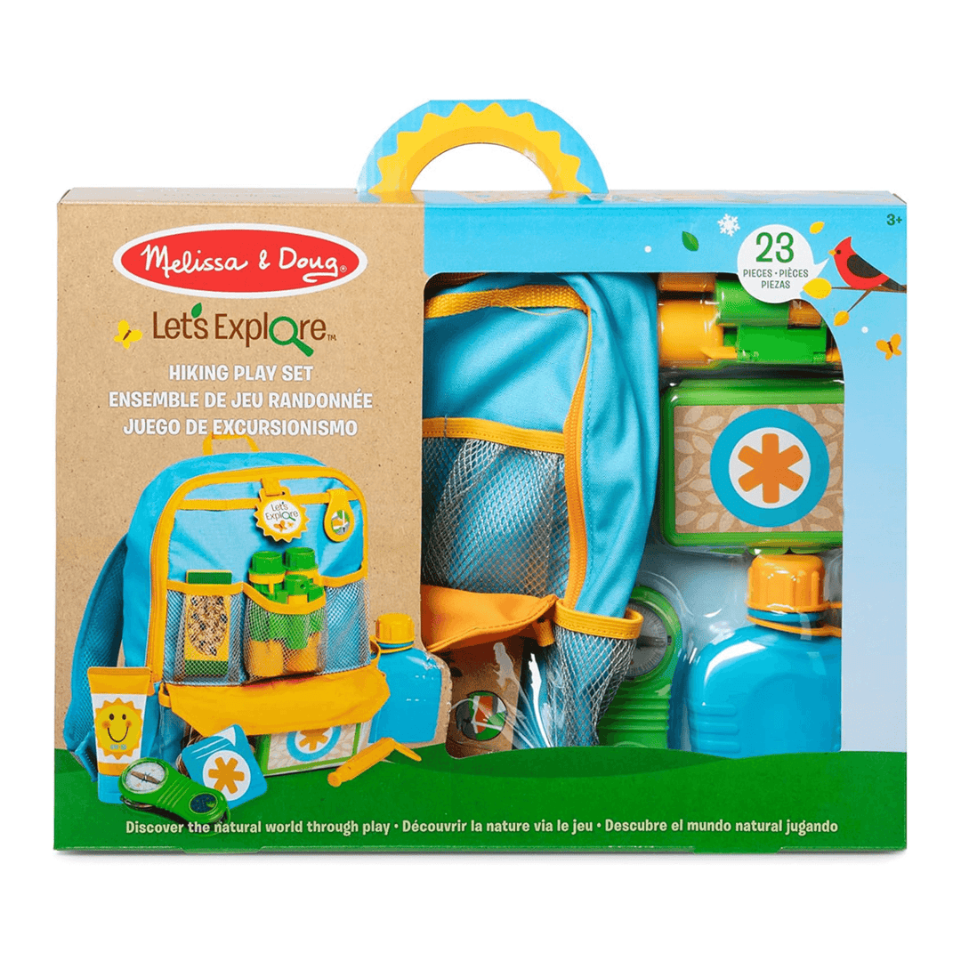 melissa & Doug let's explore hiking play set in cardboard packaging with 23 pieces in total included
