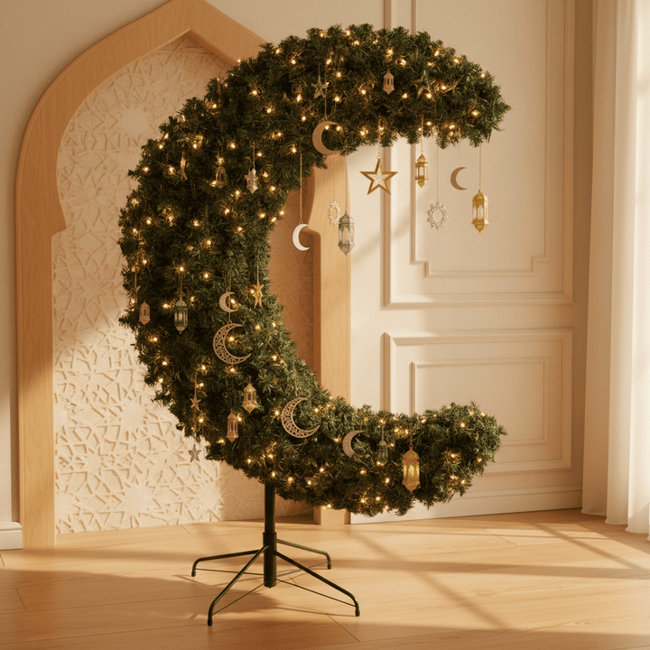 A Crescent Shaped Prelit Green Tree dressed for EID