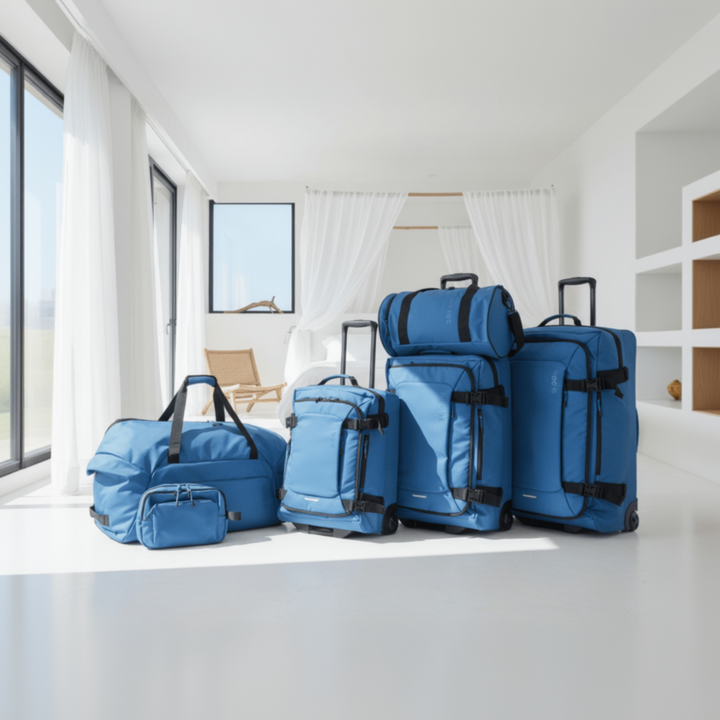 Set of blue suitcases and bags on a white floor with a bright room in the background
