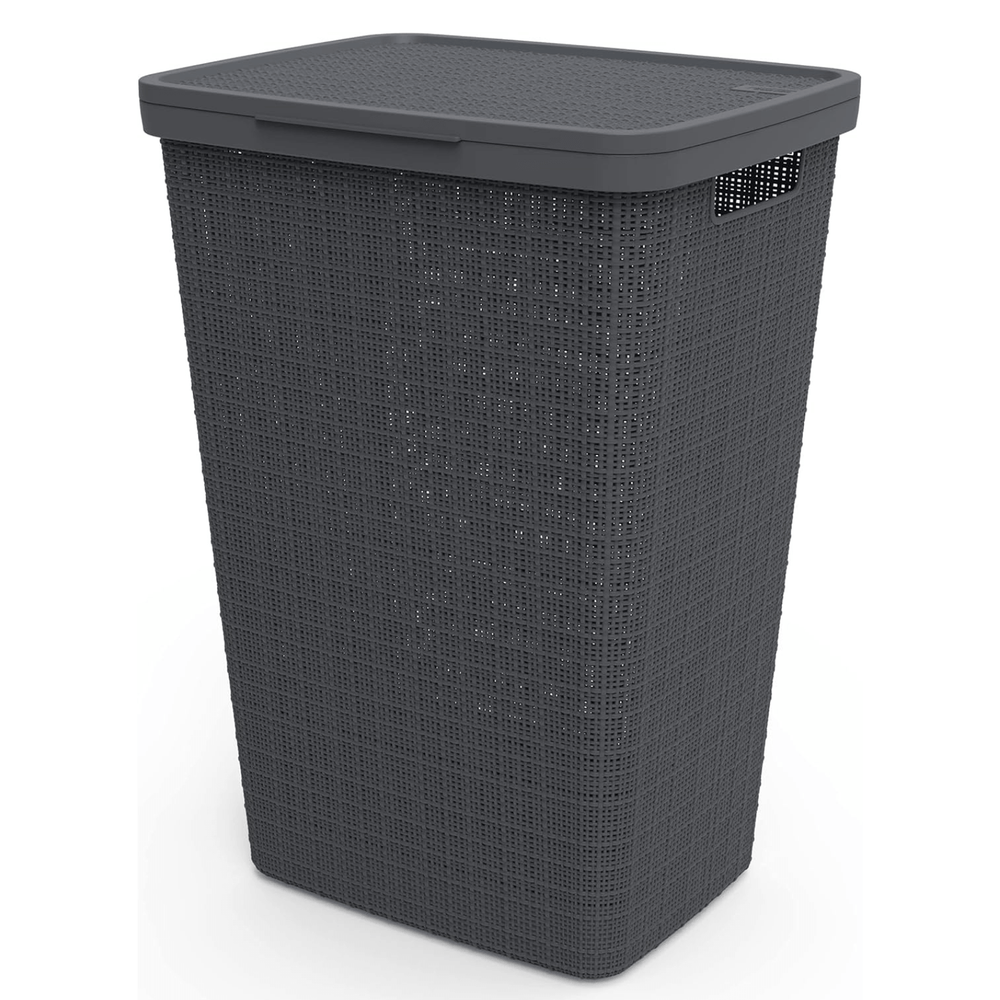 grey woven jute laundry hamper with lid and side handle