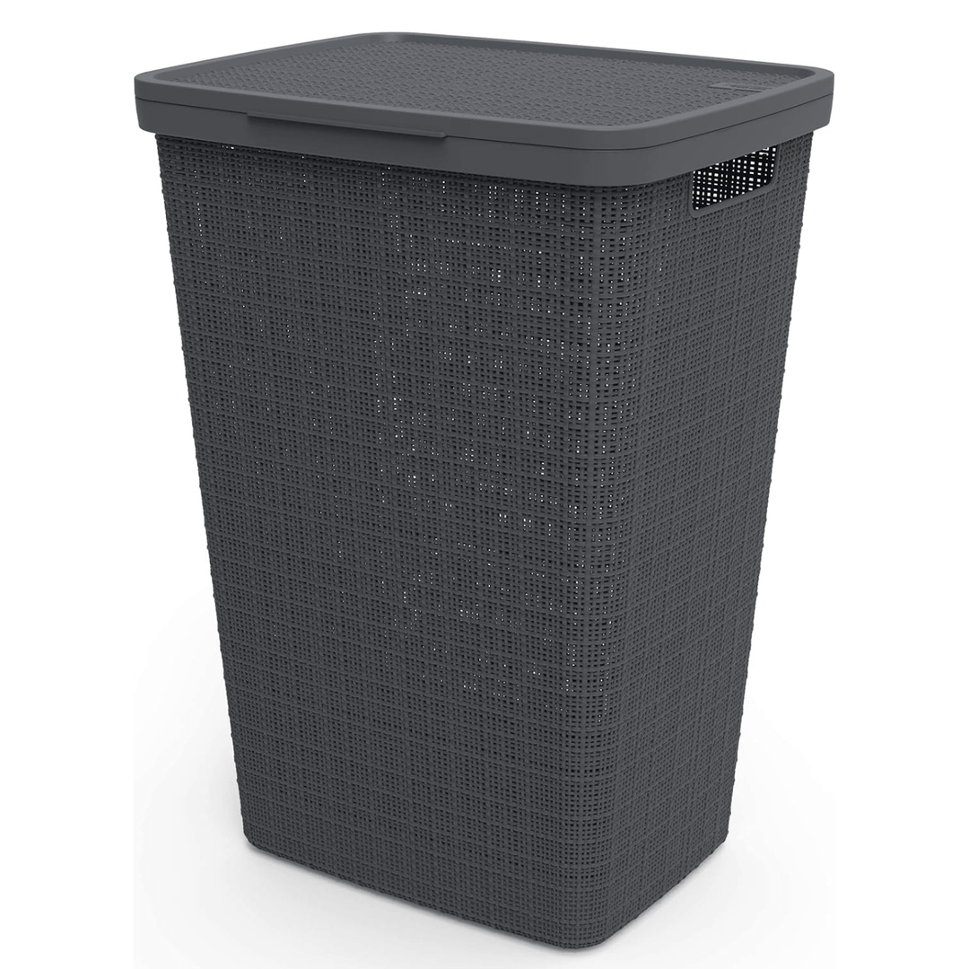 grey woven jute laundry hamper with lid and side handle