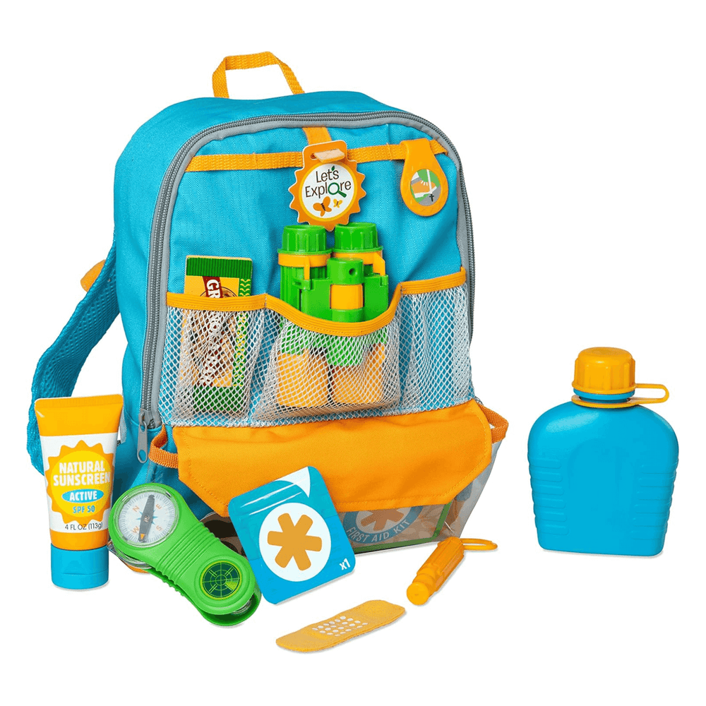 let's explore hiking play set with backpack, drinking flask, multi tool and compass, plaster, binoculars, granola set and safety whistle