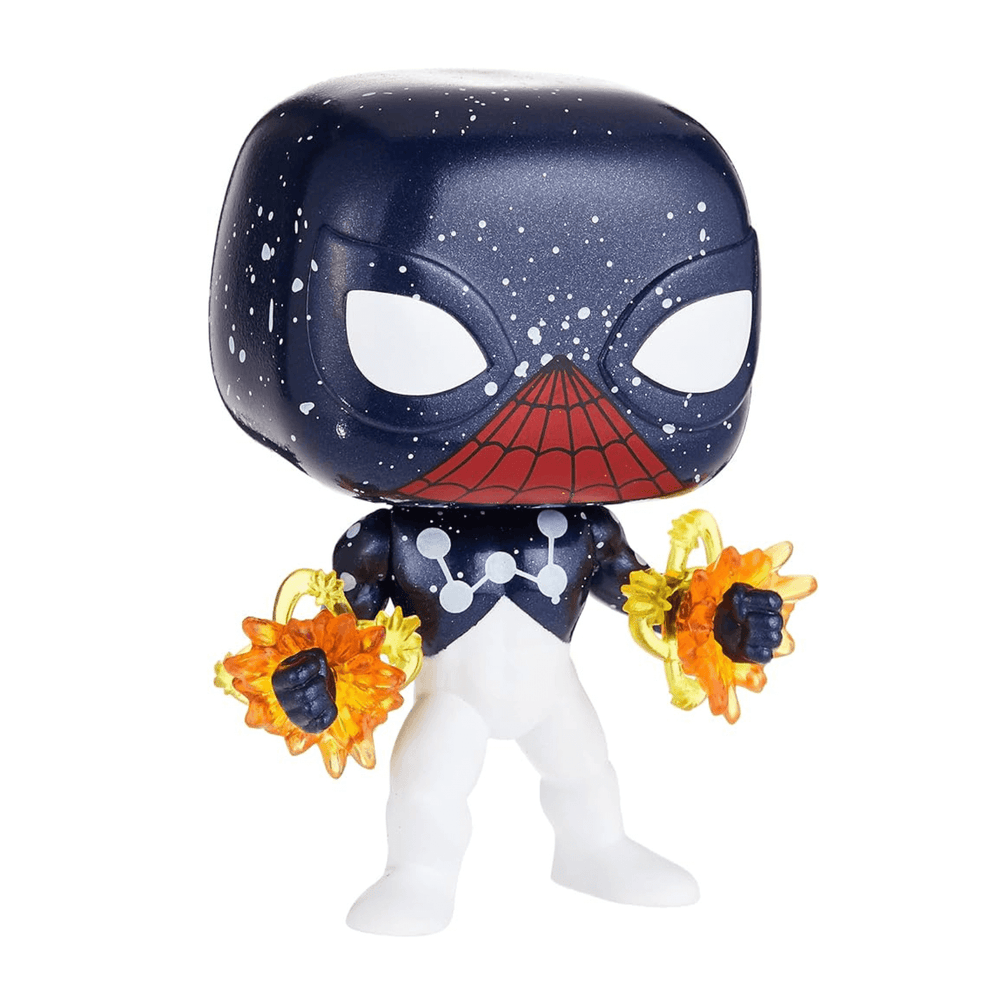 side view of spider-man (captain universe) vinyl figure with fire energy blast detail around each wrist, captin universe blue superhero costume with red spiderman web details on the mask