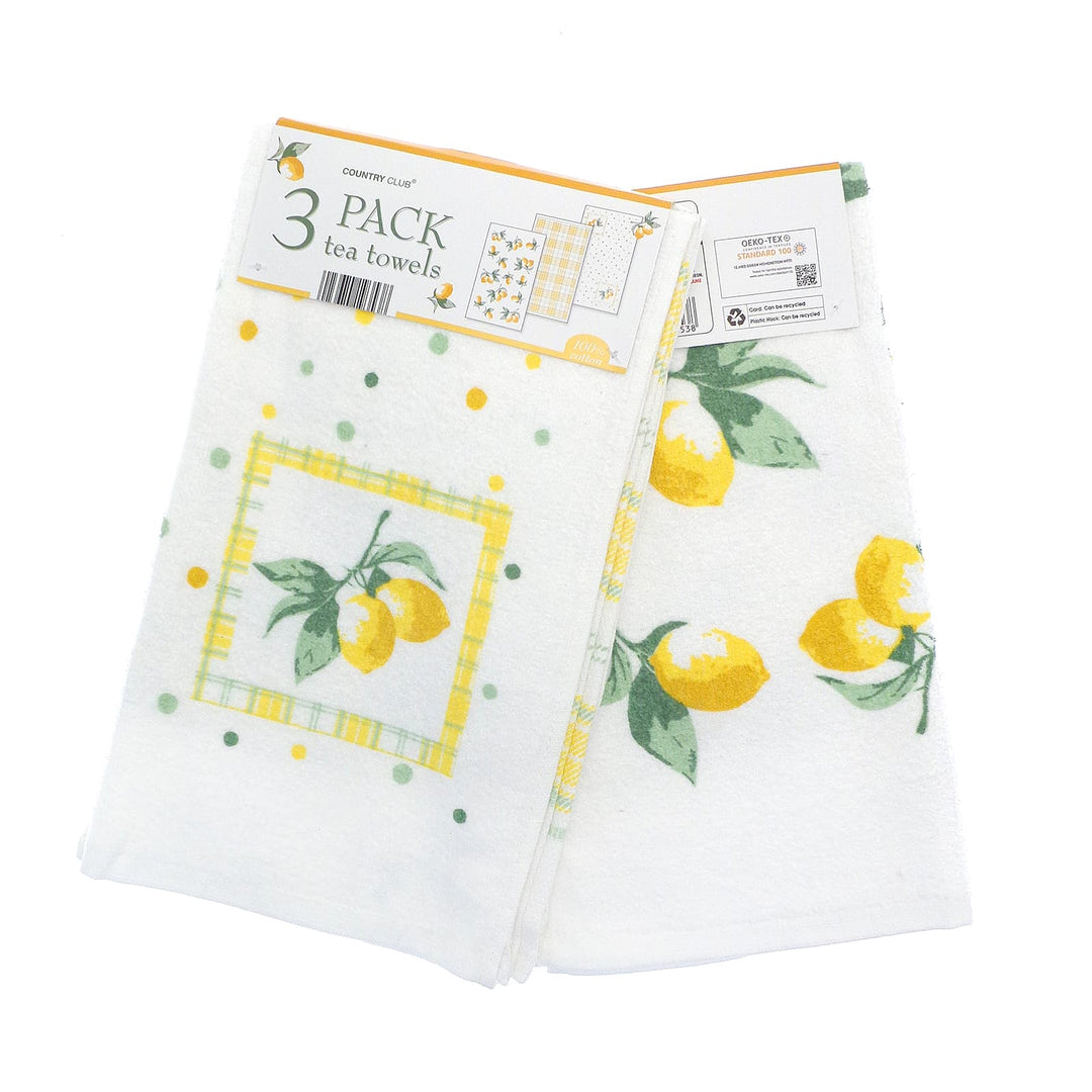 Lemons Pack of 3 Tea Towels Citrus Fruit Yellow Green 100% Cotton
