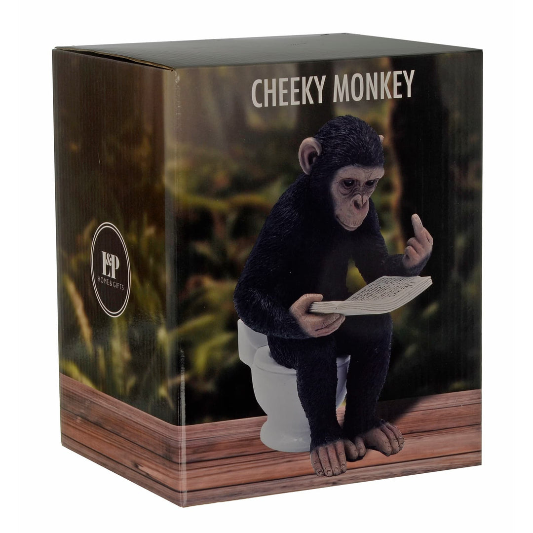 Box pack of Cheeky Monkey figurine reading while sitting on the toilet
