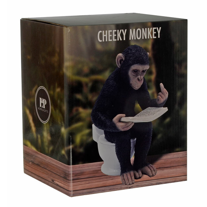 Box pack of Cheeky Monkey figurine reading while sitting on the toilet