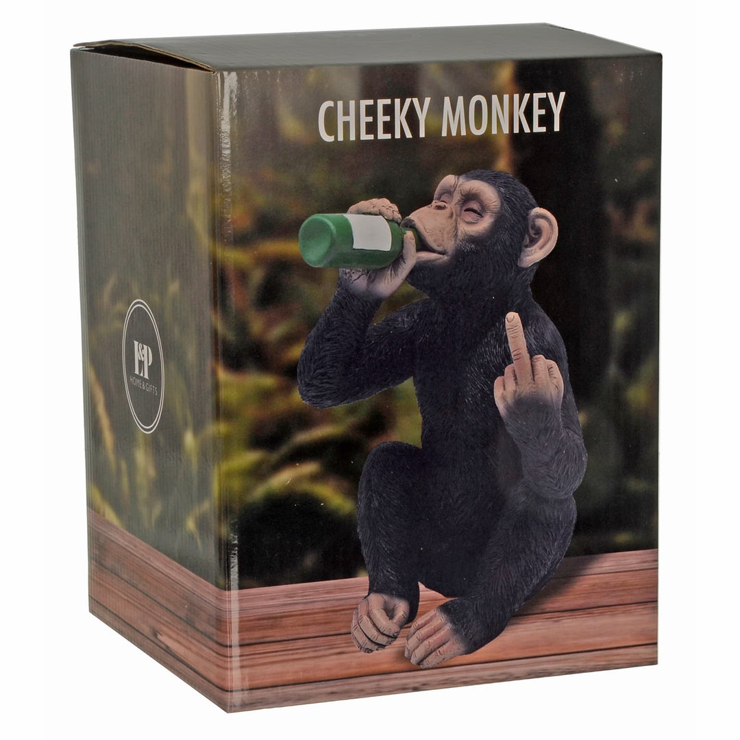 Cheeky Monkey figurine drinking a bottle of wine and sticking a middle finger up