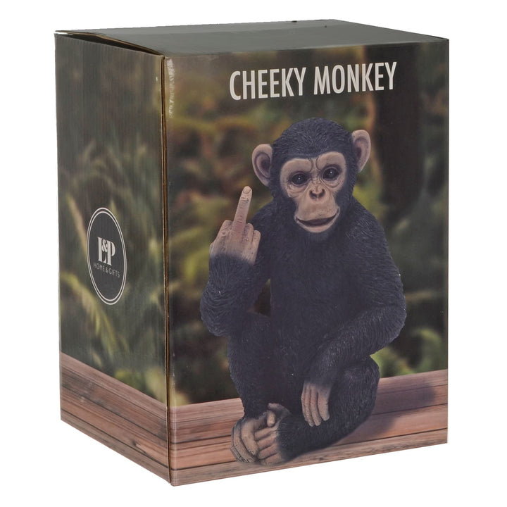 Box packaging for Cheeky Monkey figurine with rude finger gesture