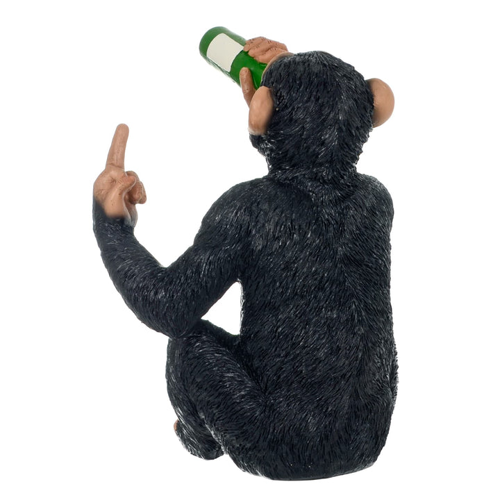 Back view of a Cheeky Monkey figurine drinking a bottle of wine and giving a rude finger gesture