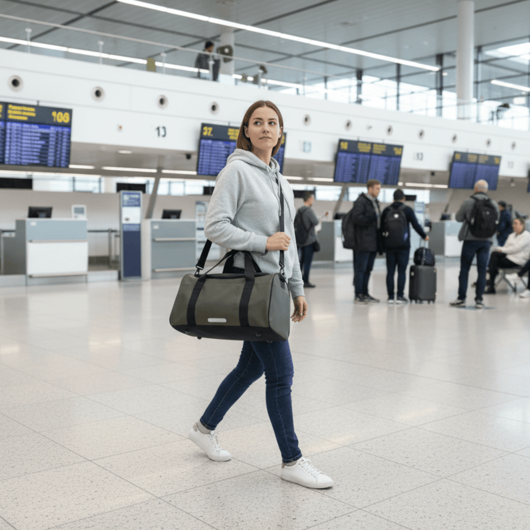 Girl walking through Airport with Safari Holdall over her shoulder.