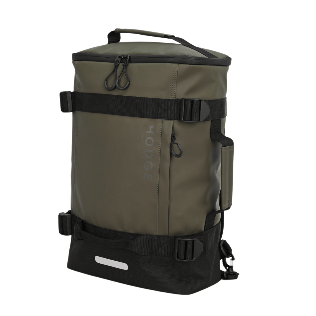 side view of hodge and hodge backpack with side carry handle rounded rubber zip pulls and stylish security buckles