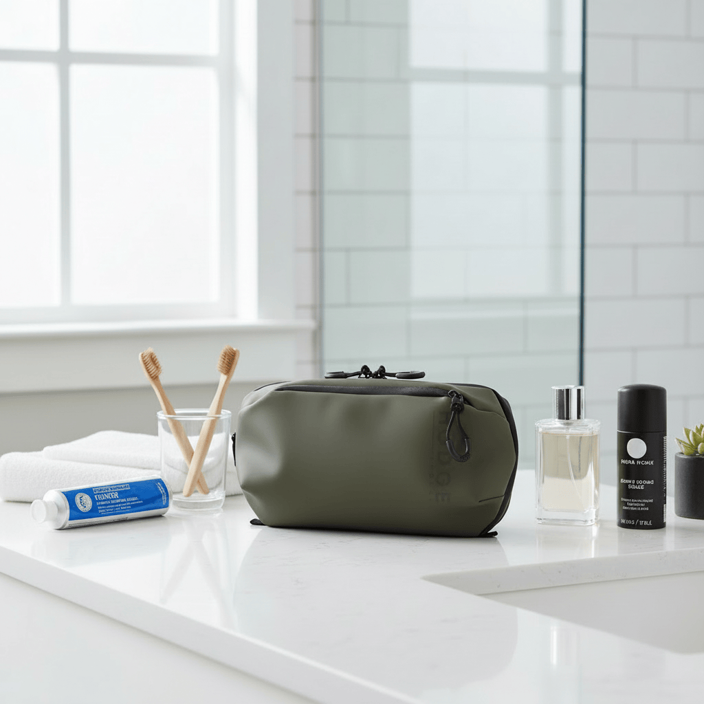 Green toiletry bag on a bathroom counter with various items including toothbrushes and bottles.