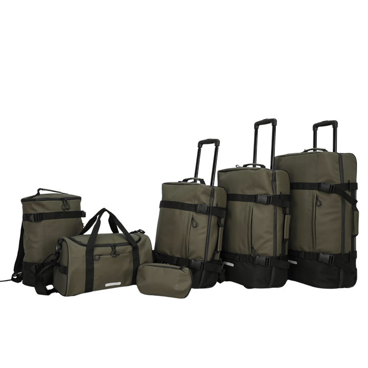 full 6 piece safari set featuring 3 suit cases, back pack, duffle bag and wash bag in olive green colour with black details