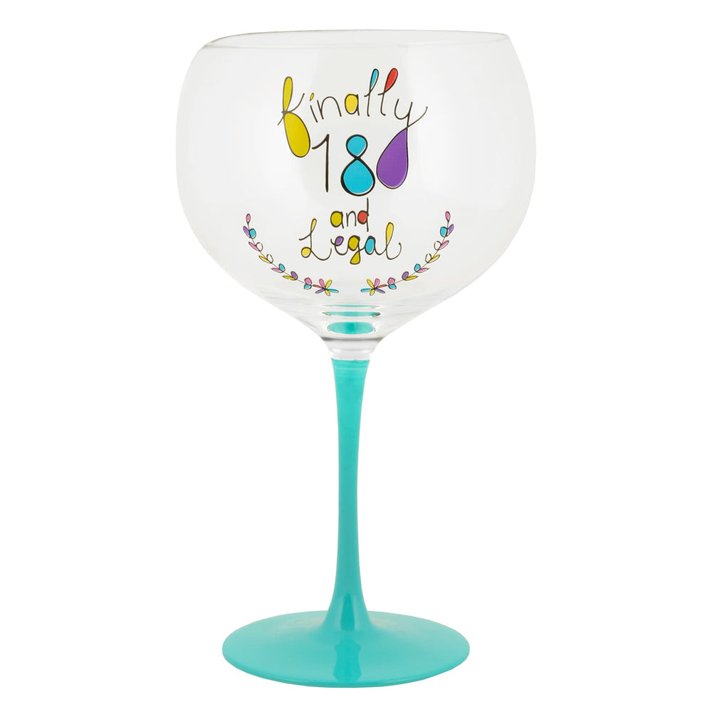 Gin glass with Finally 18 and Legal birthday message