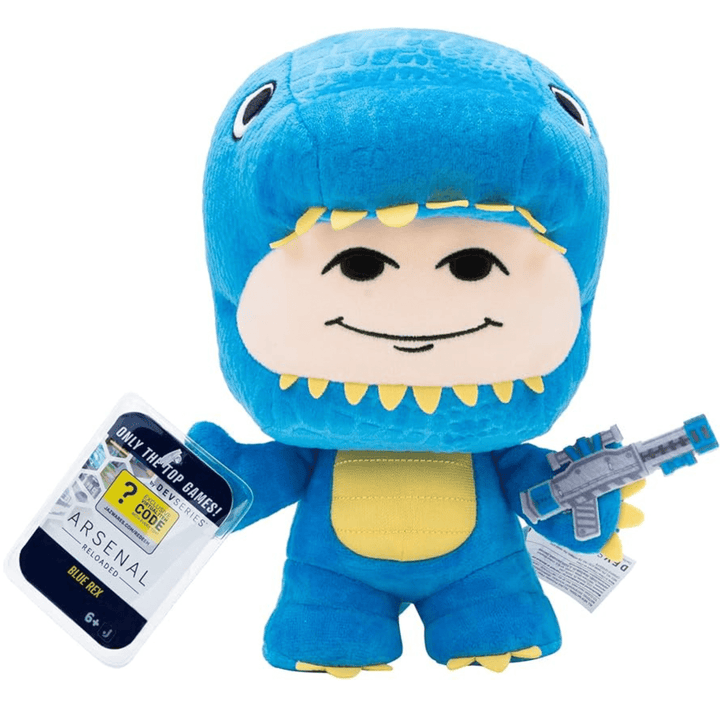 blue rex soft toy holding weapon with virtual code for arsenal reloaded game