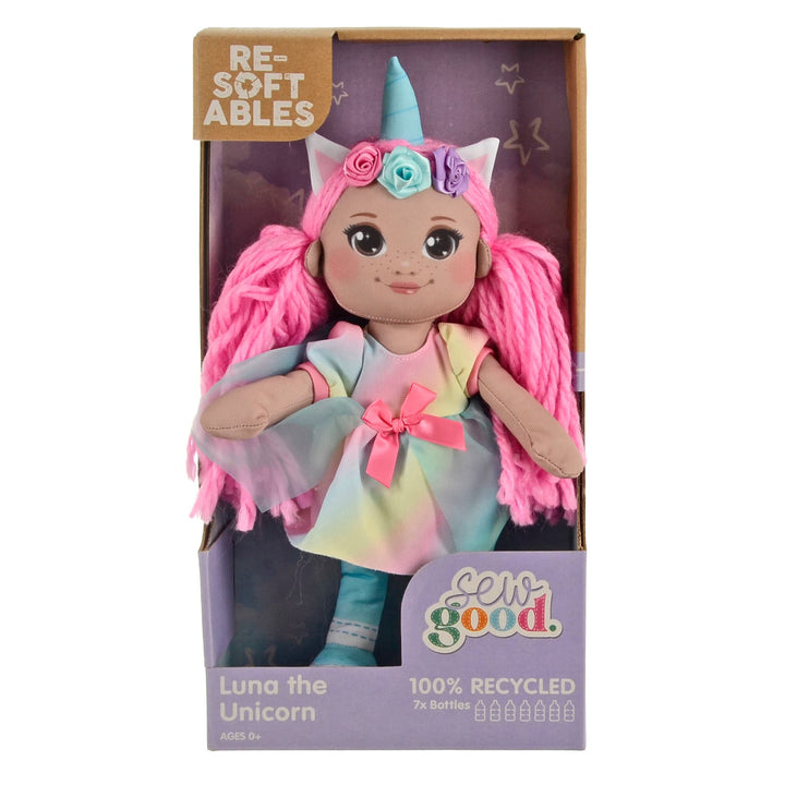 Resoftables Sew Good Luna the Unicorn fabric doll with long pink hair