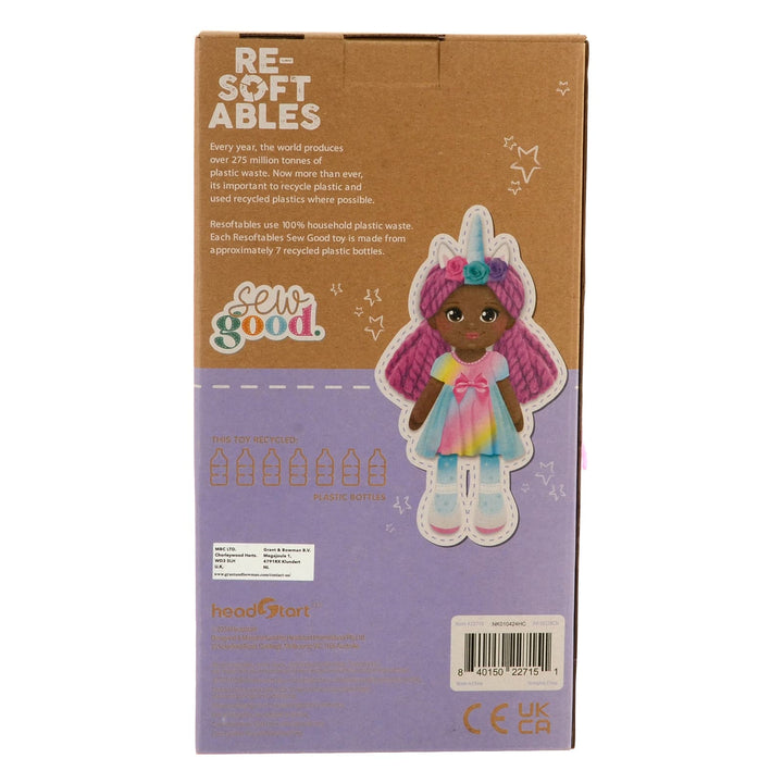 Back of the box of a re-softables sew good doll made from plastic bottles