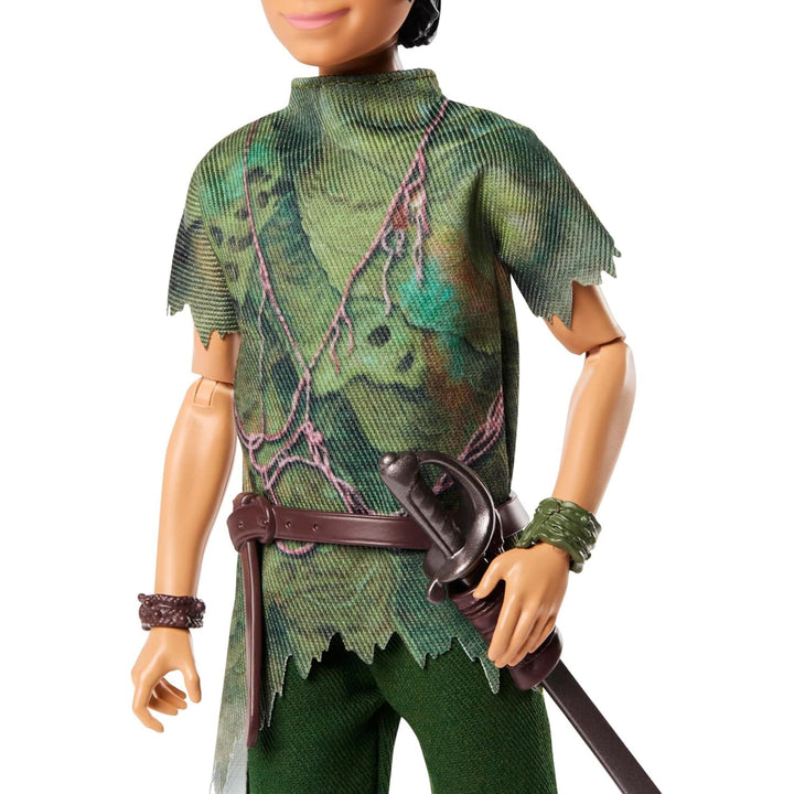 Close up of Peter Pan fashion doll's green tunic and sword belt